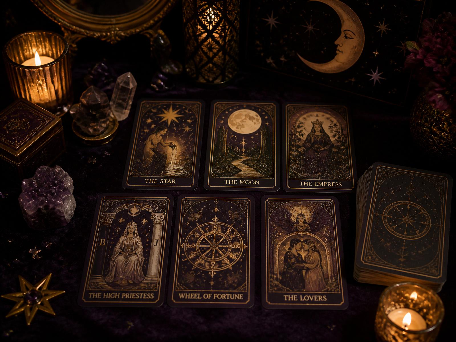 Cartas de tarô sobre mesa de veludo com velas e cristais